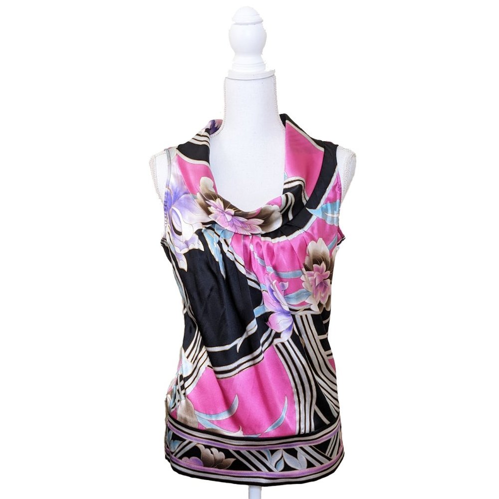 CACHE Silk Satin Top with Draped Collar in Black & Orchid Pink NWT